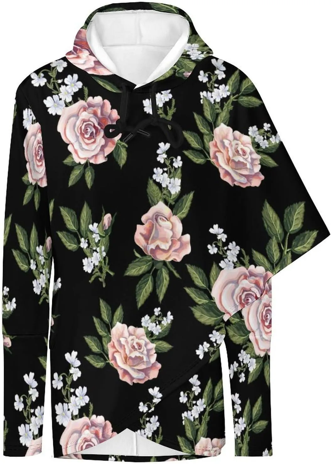 Womens Long Sleeves Cape Style Florals Black Hoodie Decked Cute Athletes