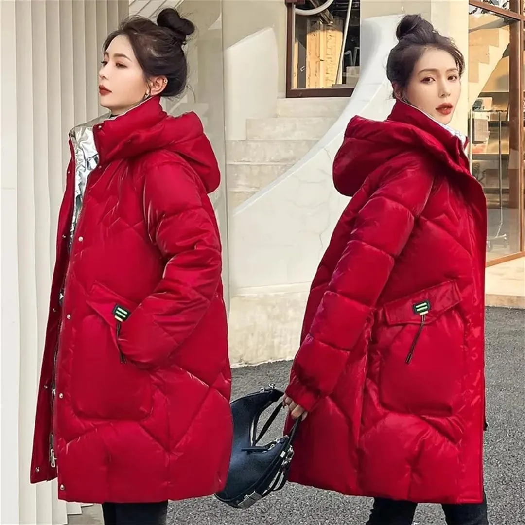 Womens Loose Padded Jacket Size Hooded Long Parkas Down Cotton Coat Bright Face Wash Free Jacket