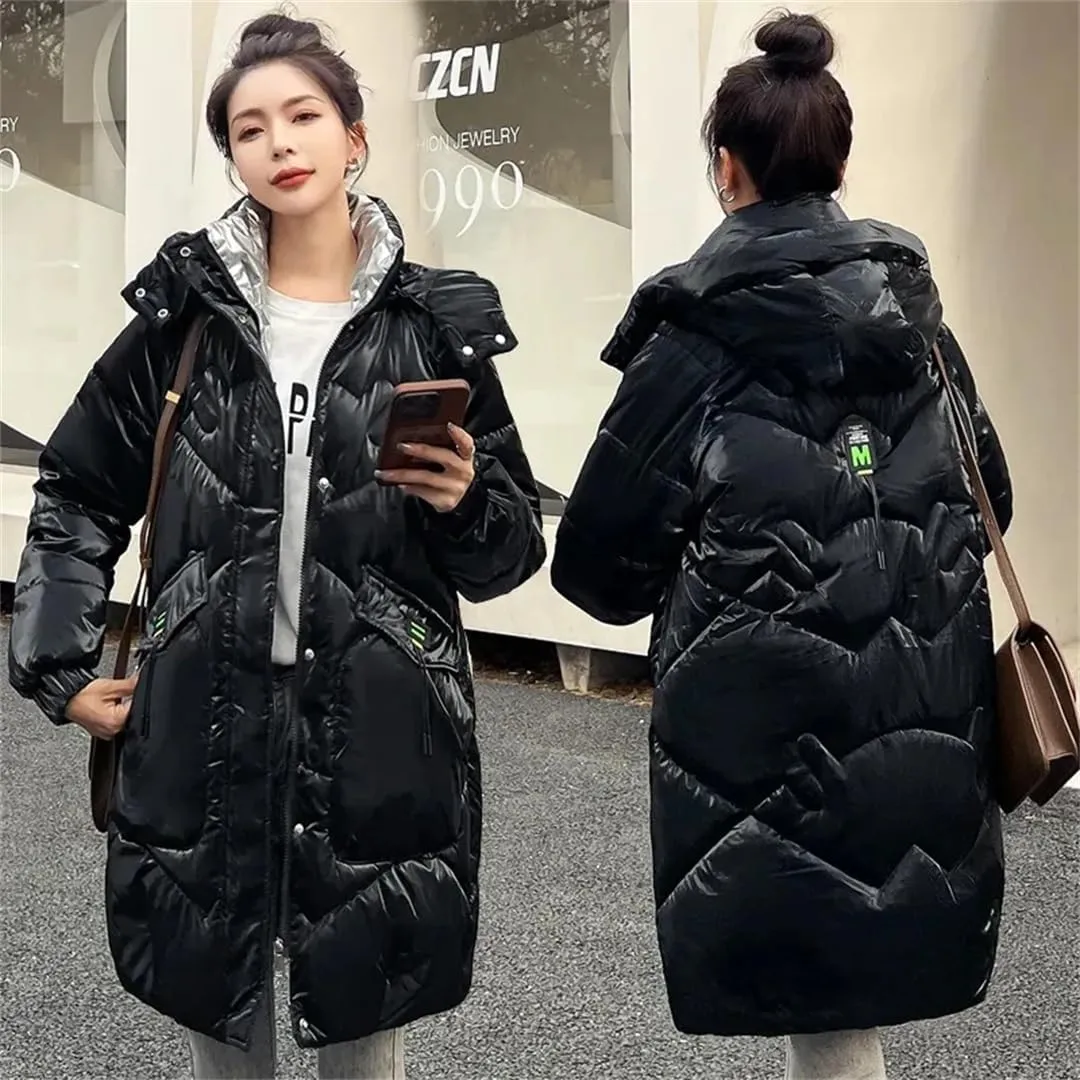 Womens Loose Padded Jacket Size Hooded Long Parkas Down Cotton Coat Bright Face Wash Free Jacket