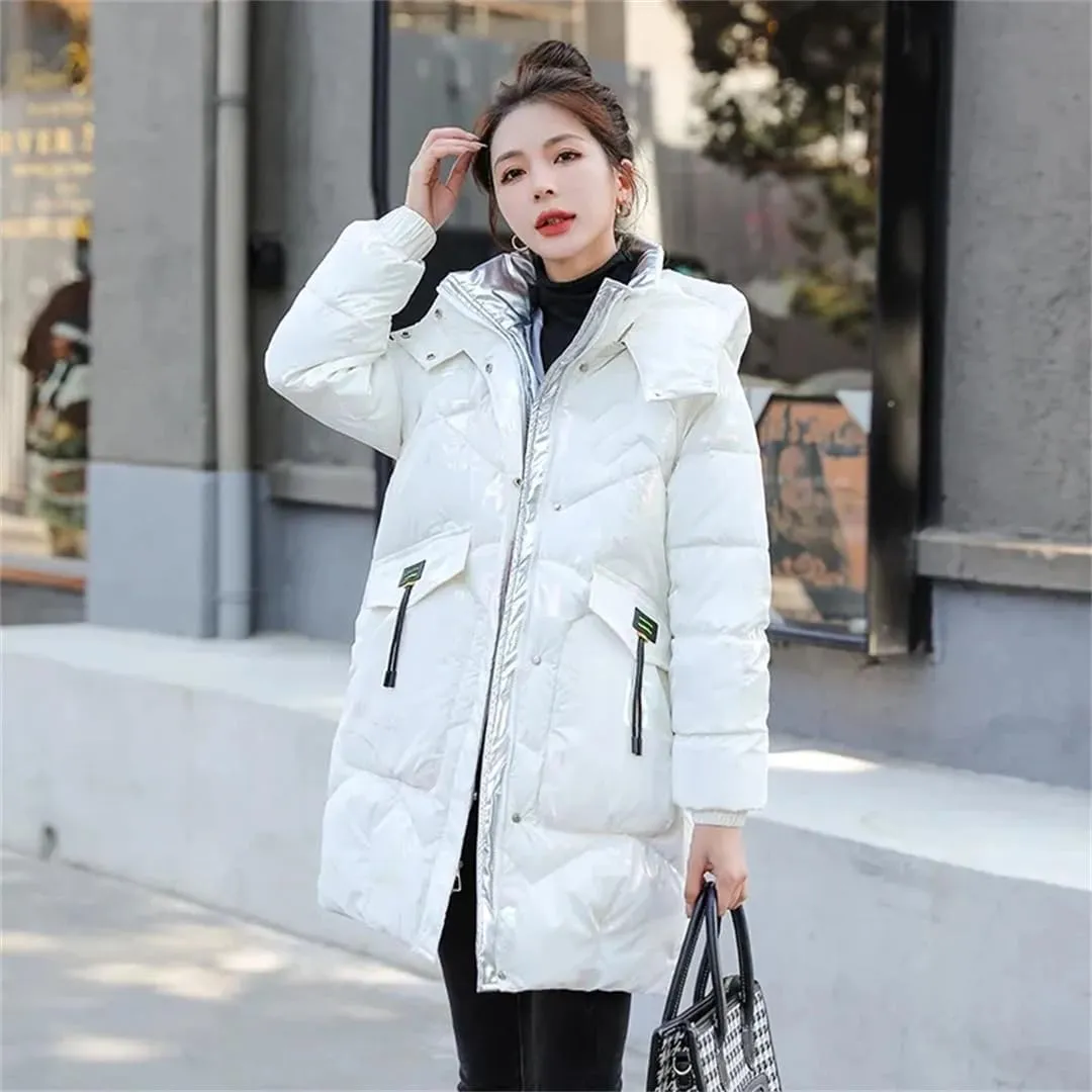 Womens Loose Padded Jacket Size Hooded Long Parkas Down Cotton Coat Bright Face Wash Free Jacket