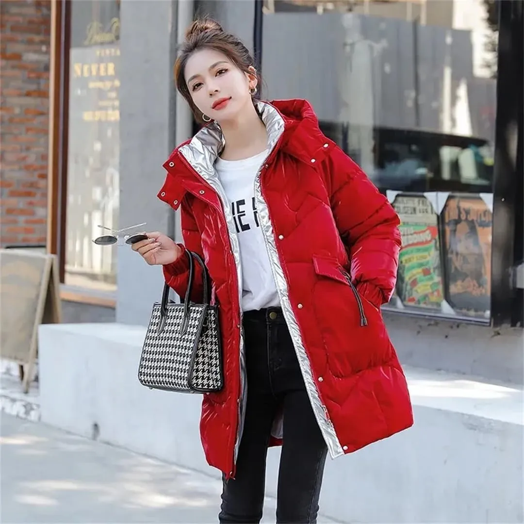 Womens Loose Padded Jacket Size Hooded Long Parkas Down Cotton Coat Bright Face Wash Free Jacket