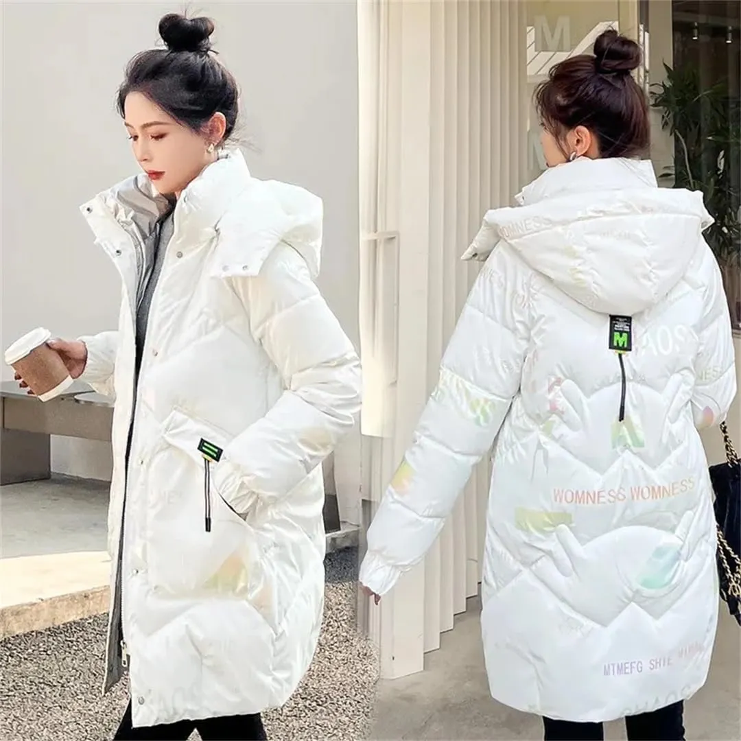 Womens Loose Padded Jacket Size Hooded Long Parkas Down Cotton Coat Bright Face Wash Free Jacket