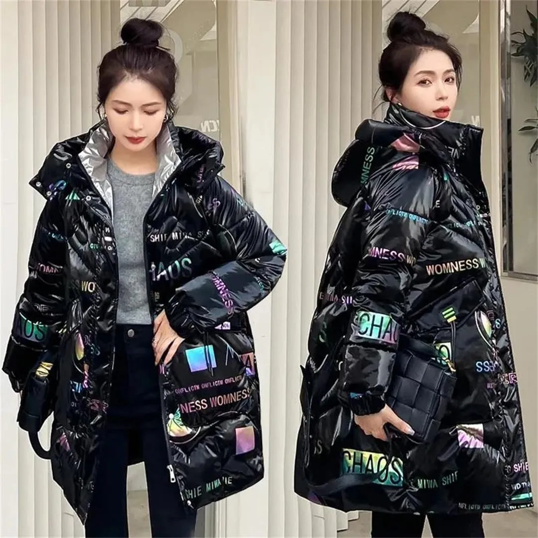 Womens Loose Padded Jacket Size Hooded Long Parkas Down Cotton Coat Bright Face Wash Free Jacket