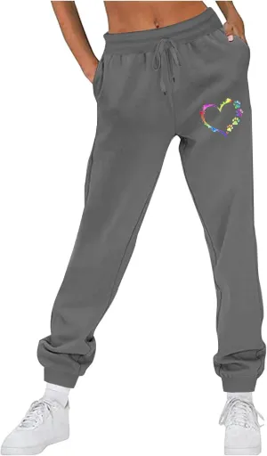 Women's Love Heart Dog Paw Print Sweatpants Winter Fleece Sports Pant Baggy High Waist Drawstring Joggers with Pockets