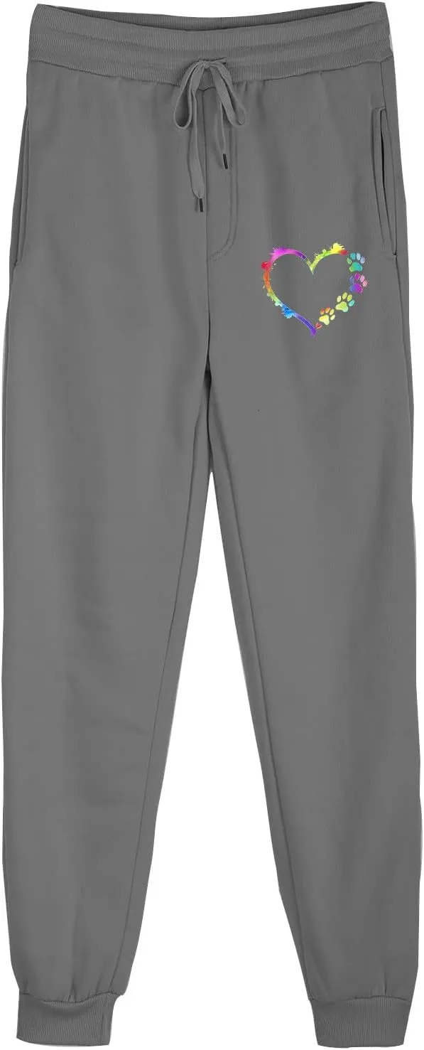 Women's Love Heart Dog Paw Print Sweatpants Winter Fleece Sports Pant Baggy High Waist Drawstring Joggers with Pockets