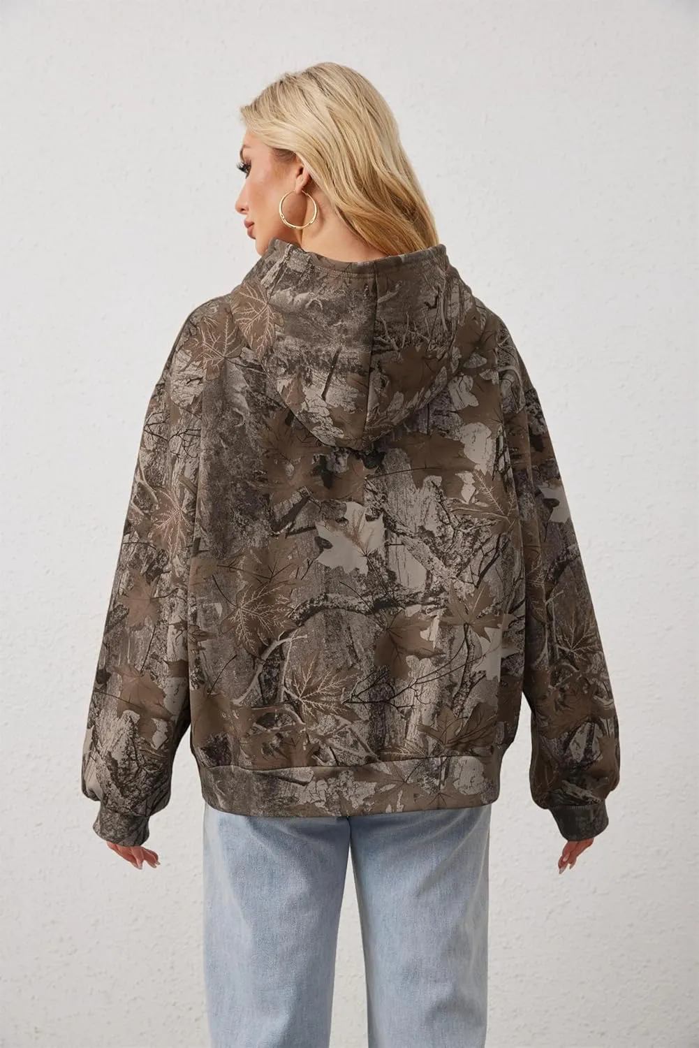 Womens Mens Camo Zip Up Hoodie Maple Leaf Print Oversized Hooded Sweatshirt Fleece Long Sleeve Jacket