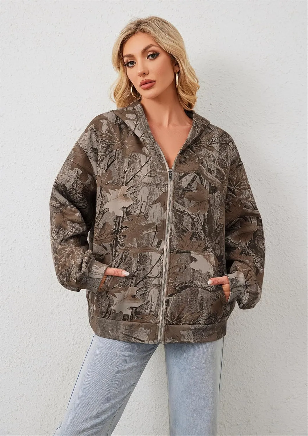Womens Mens Camo Zip Up Hoodie Maple Leaf Print Oversized Hooded Sweatshirt Fleece Long Sleeve Jacket