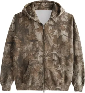 Womens Mens Camo Zip Up Hoodie Maple Leaf Print Oversized Hooded Sweatshirt Fleece Long Sleeve Jacket