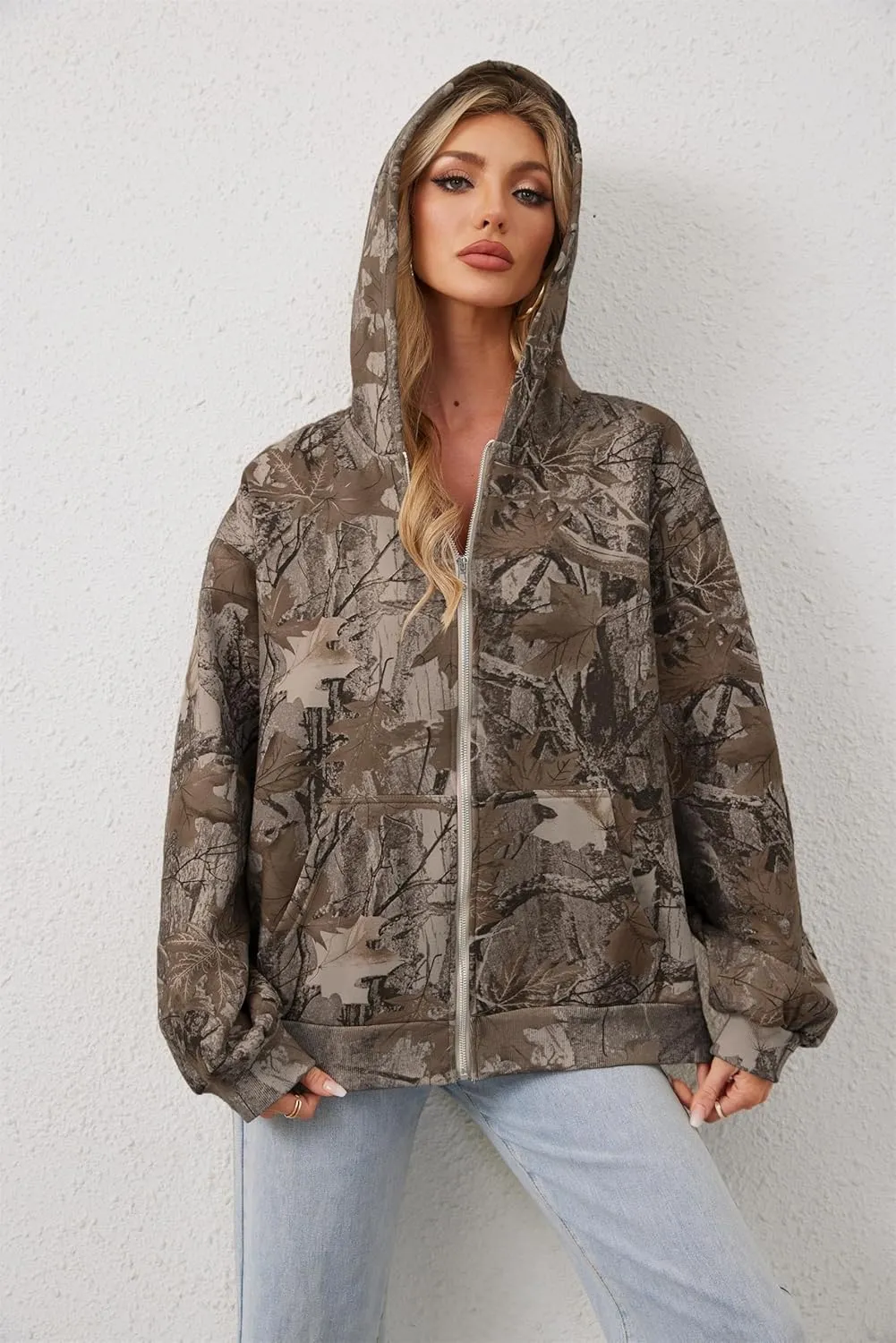Womens Mens Camo Zip Up Hoodie Maple Leaf Print Oversized Hooded Sweatshirt Fleece Long Sleeve Jacket