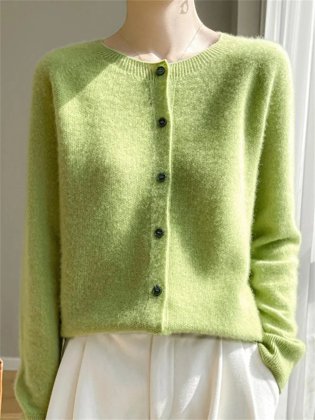 Women's Merino Wool Sweater O Neck Long Sleeve Cardigan Regular Fit Top