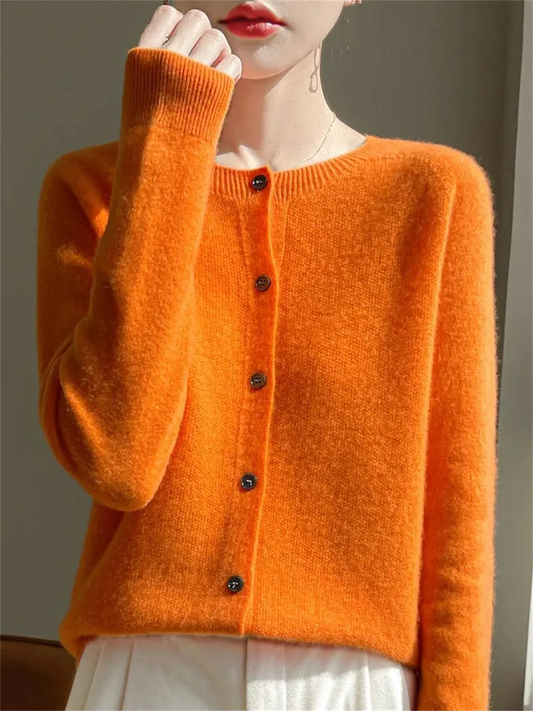 Women's Merino Wool Sweater O Neck Long Sleeve Cardigan Regular Fit Top