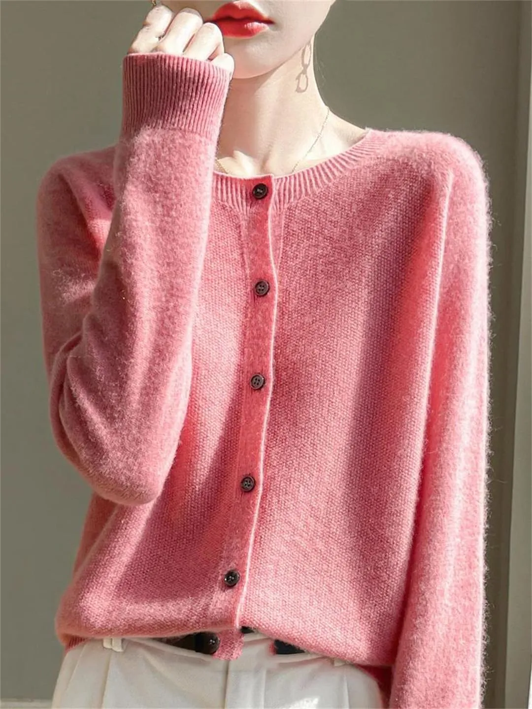Women's Merino Wool Sweater O Neck Long Sleeve Cardigan Regular Fit Top