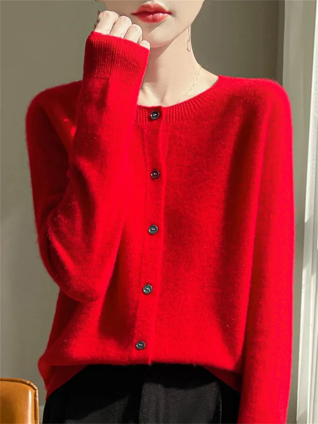 Women's Merino Wool Sweater O Neck Long Sleeve Cardigan Regular Fit Top
