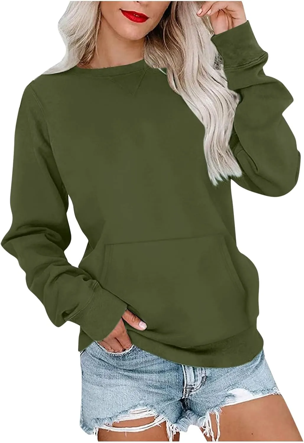Women's No Hood Sweatshirt with Pocket Crewneck Pullover Shirts Casual Cute Fall Tops Solid Loose Fit Active Sweater T Shirt