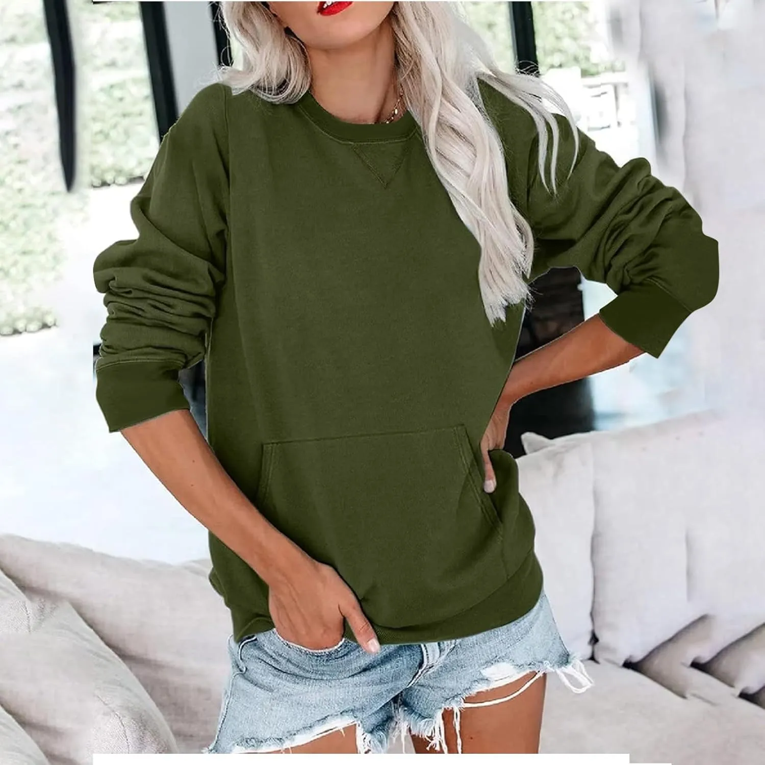 Women's No Hood Sweatshirt with Pocket Crewneck Pullover Shirts Casual Cute Fall Tops Solid Loose Fit Active Sweater T Shirt