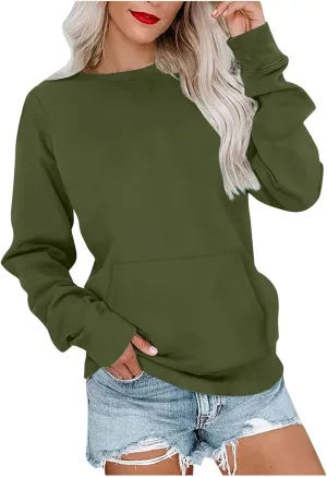 Women's No Hood Sweatshirt with Pocket Crewneck Pullover Shirts Casual Cute Fall Tops Solid Loose Fit Active Sweater T Shirt