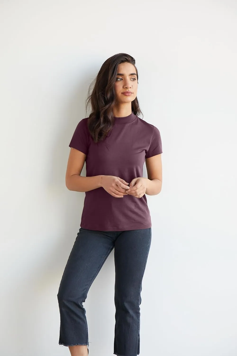 Women's Organic Pima Cotton Short Sleeve Slim Fit Mock Neck Top