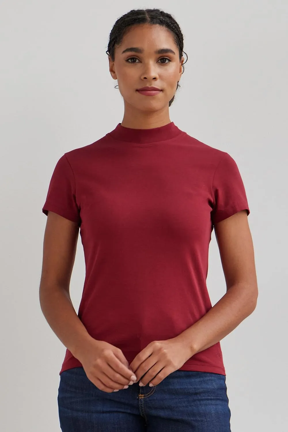 Women's Organic Pima Cotton Short Sleeve Slim Fit Mock Neck Top