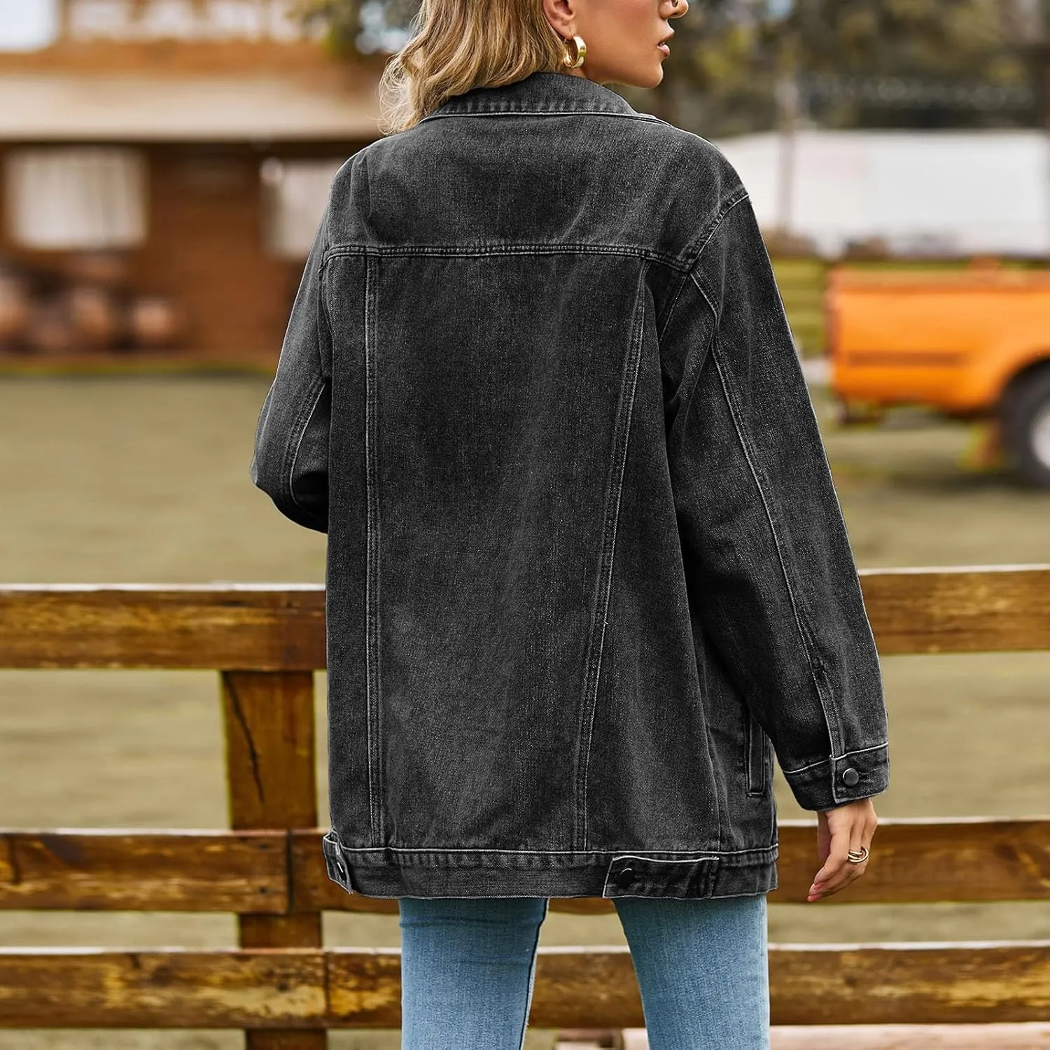 Women's Oversized Denim Jacket Distressed Lapel Collar Boyfriend Long Sleeve Vintage Button Down Jean Jacket Shacket