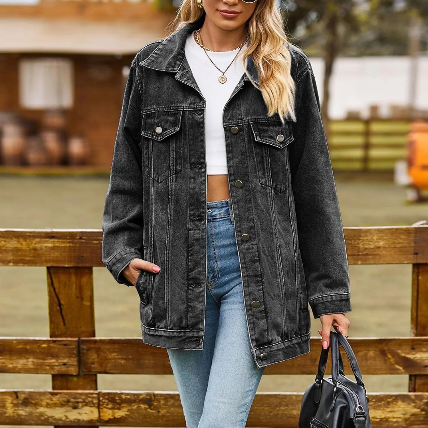 Women's Oversized Denim Jacket Distressed Lapel Collar Boyfriend Long Sleeve Vintage Button Down Jean Jacket Shacket