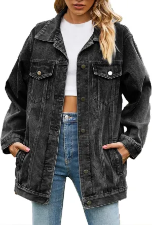 Women's Oversized Denim Jacket Distressed Lapel Collar Boyfriend Long Sleeve Vintage Button Down Jean Jacket Shacket
