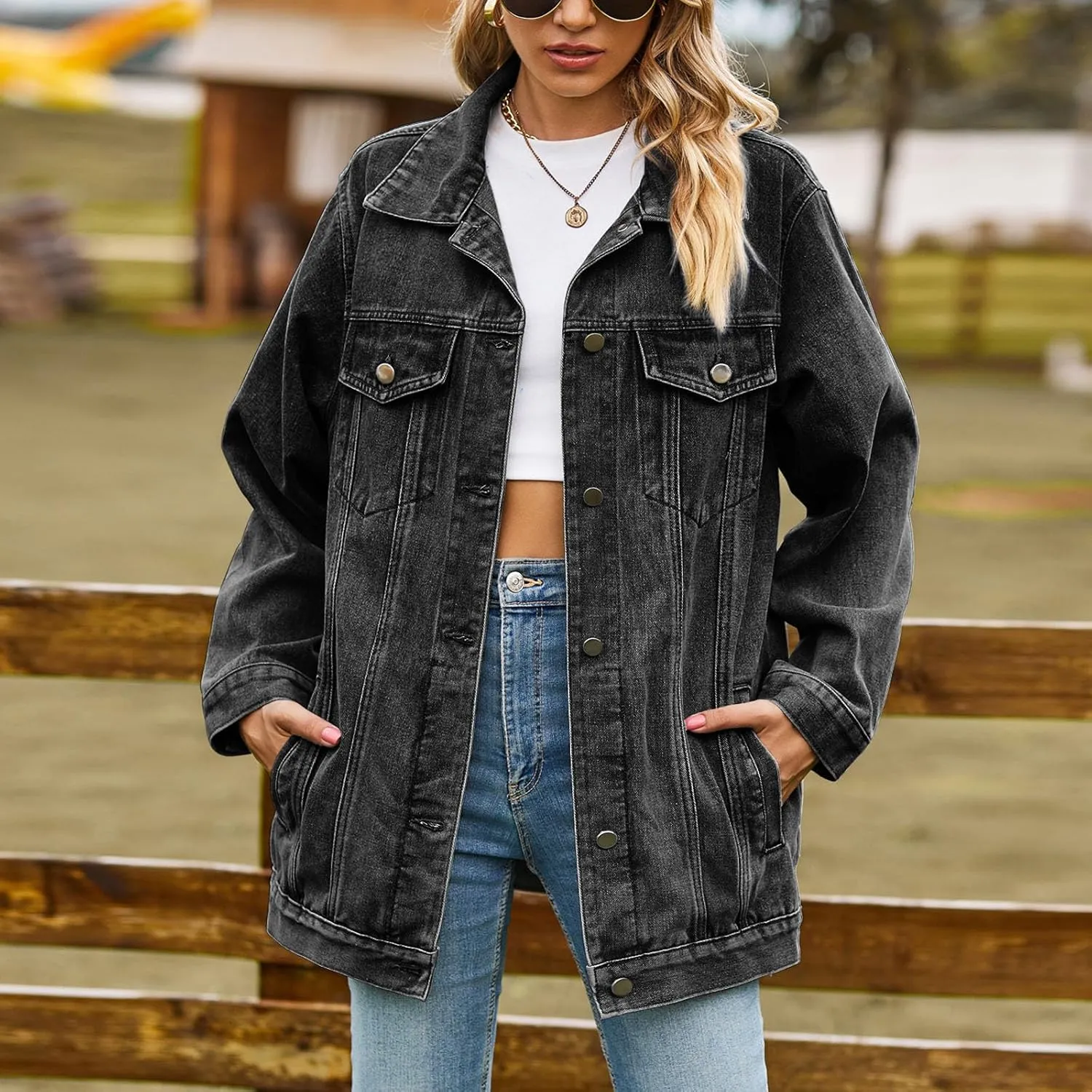 Women's Oversized Denim Jacket Distressed Lapel Collar Boyfriend Long Sleeve Vintage Button Down Jean Jacket Shacket