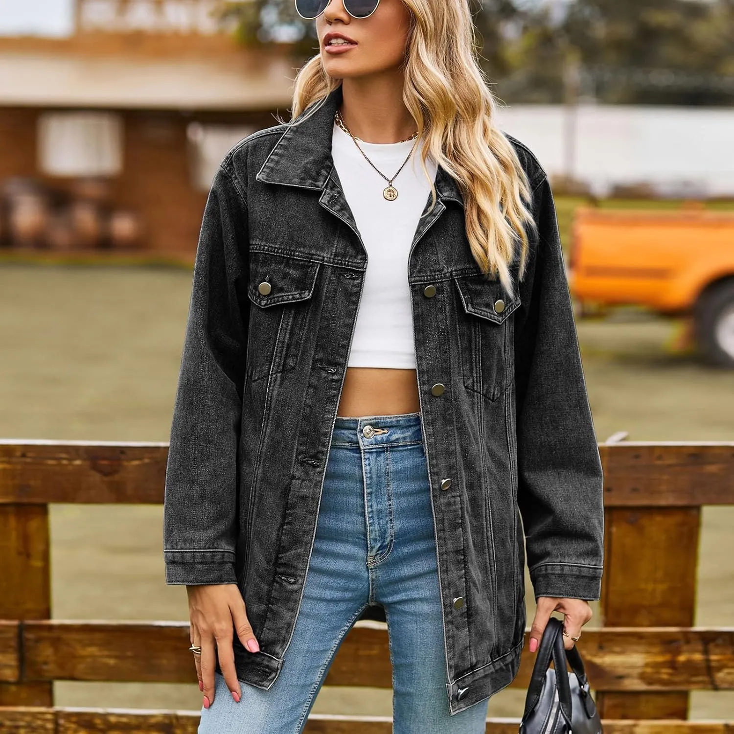 Women's Oversized Denim Jacket Distressed Lapel Collar Boyfriend Long Sleeve Vintage Button Down Jean Jacket Shacket