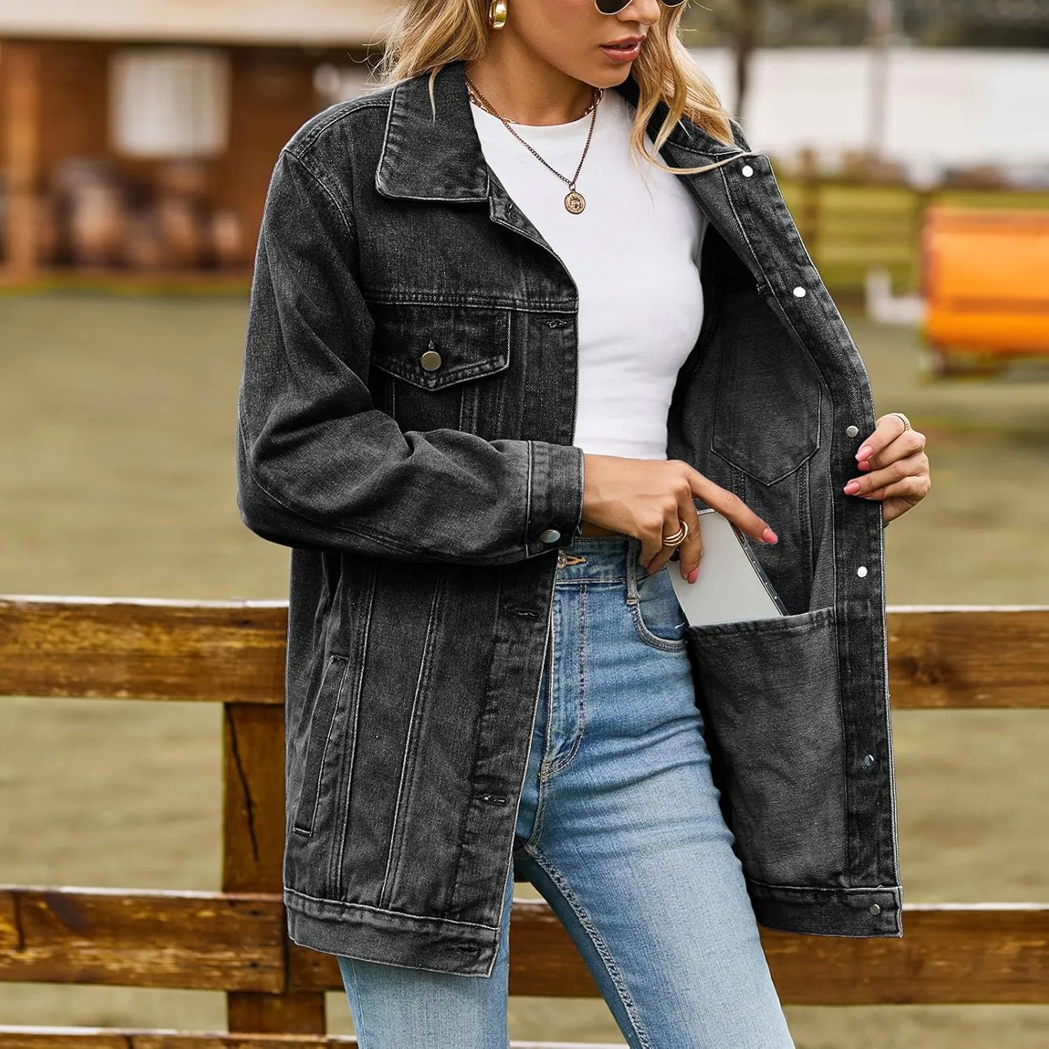 Women's Oversized Denim Jacket Distressed Lapel Collar Boyfriend Long Sleeve Vintage Button Down Jean Jacket Shacket