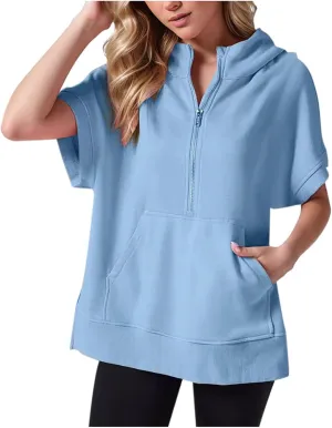 Womens Oversized Half Zip Hoodies Short Sleeve Casual Sweatshirts Pullover Tops with Pockets Loose 2024 Clothes
