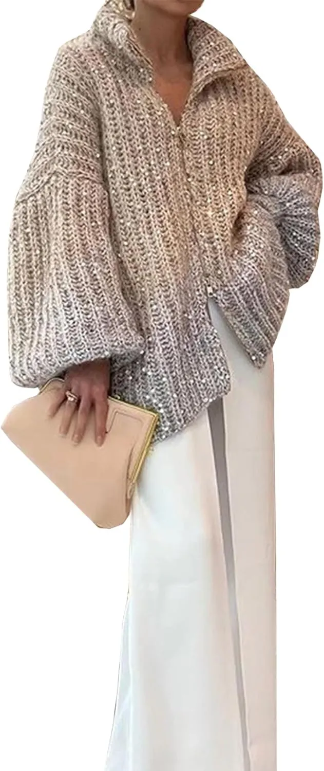 Womens Oversized Sequin Sweater Fashion Stand Collar Lantern Sleeve Zip Up Cardigan Sweaters
