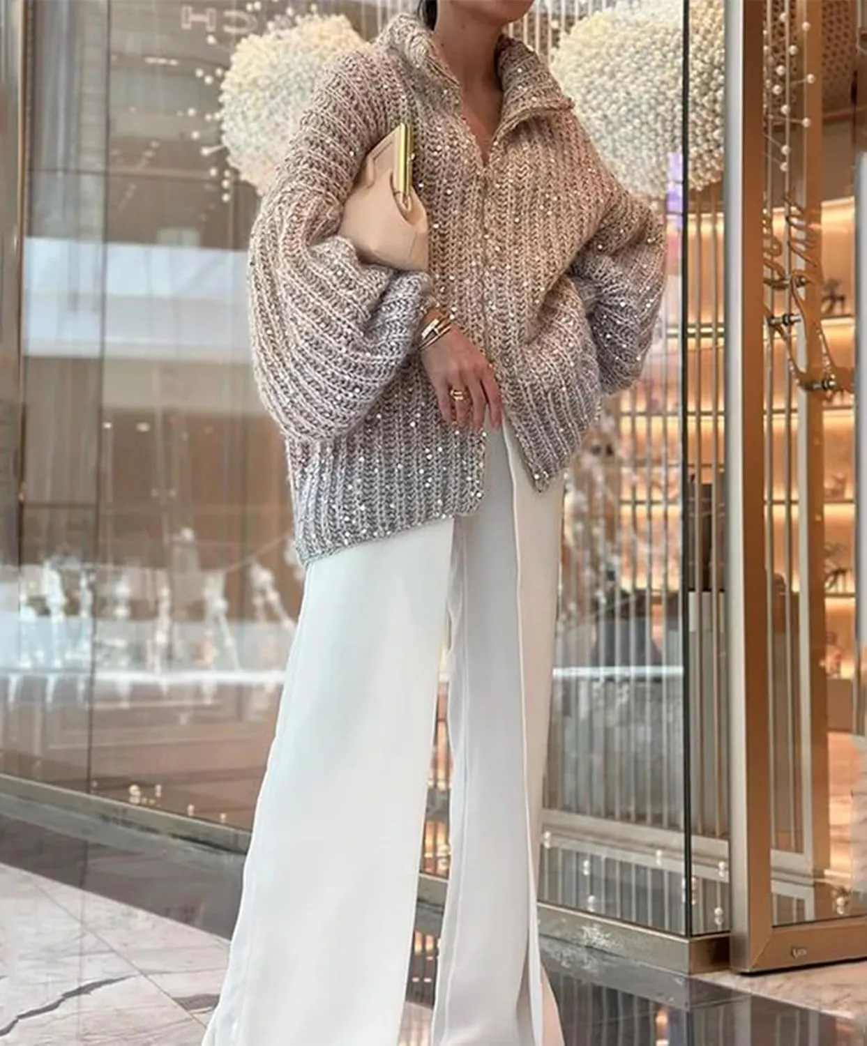 Womens Oversized Sequin Sweater Fashion Stand Collar Lantern Sleeve Zip Up Cardigan Sweaters