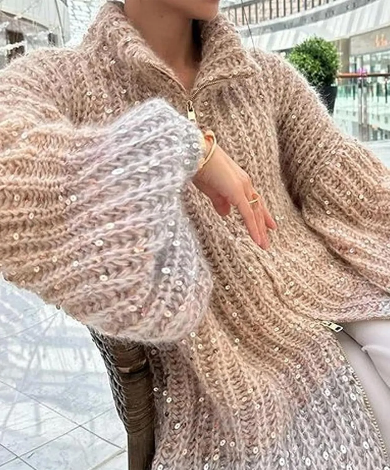Womens Oversized Sequin Sweater Fashion Stand Collar Lantern Sleeve Zip Up Cardigan Sweaters