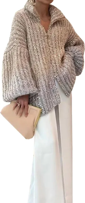 Womens Oversized Sequin Sweater Fashion Stand Collar Lantern Sleeve Zip Up Cardigan Sweaters