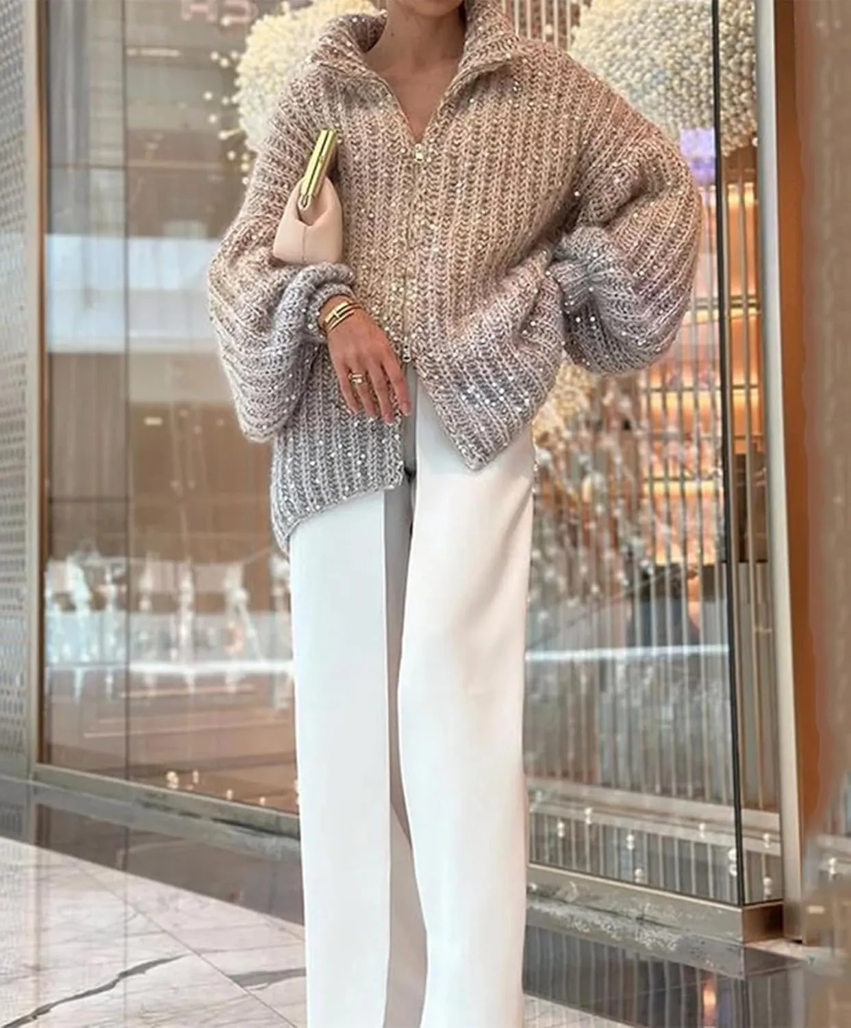 Womens Oversized Sequin Sweater Fashion Stand Collar Lantern Sleeve Zip Up Cardigan Sweaters