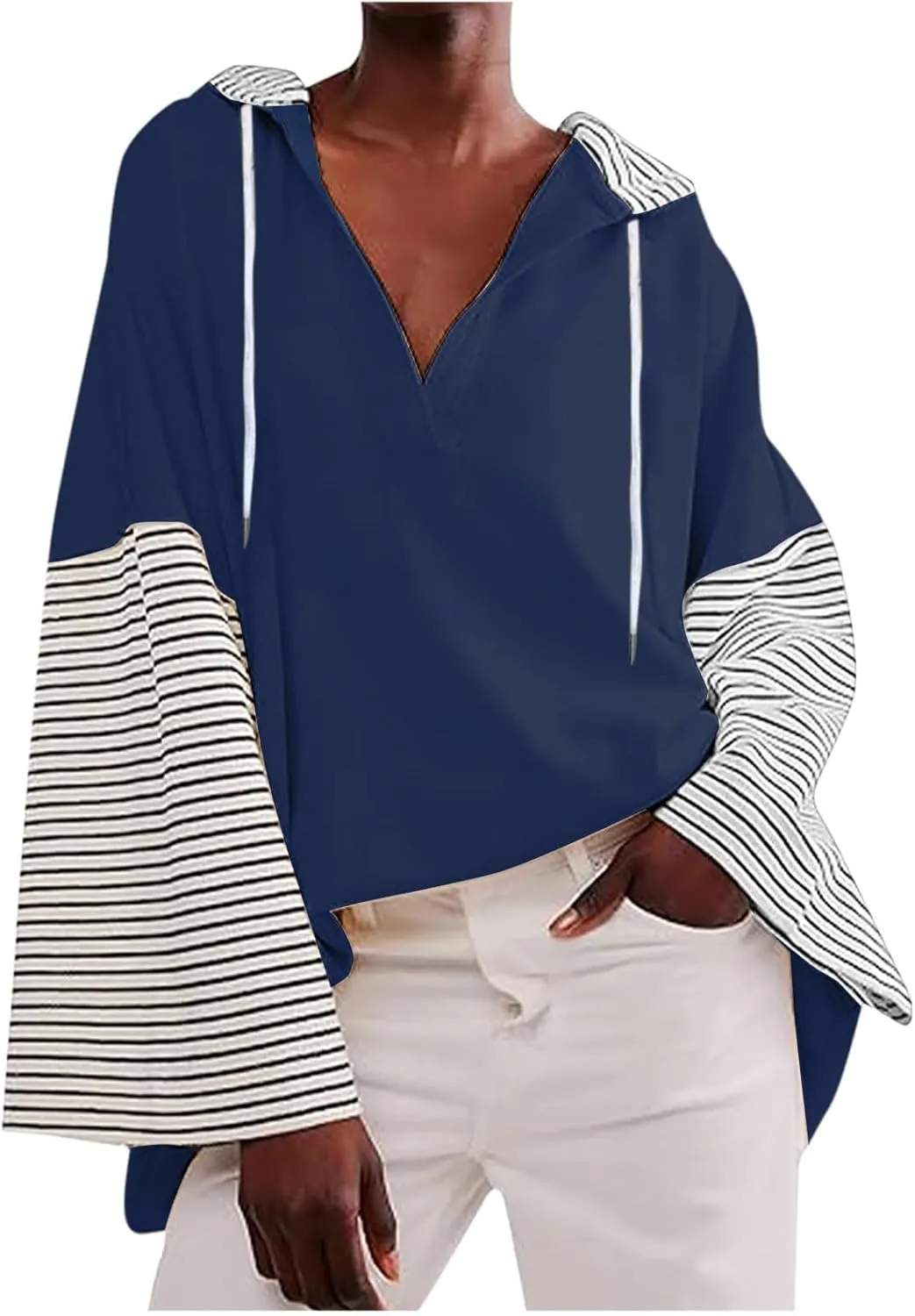 Womens Oversized Sweatshirt Striped Color Block Hoodies Drawstring Casual V Neck Long Sleeve Pullover Tops