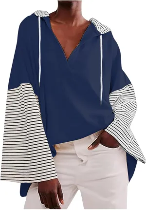 Womens Oversized Sweatshirt Striped Color Block Hoodies Drawstring Casual V Neck Long Sleeve Pullover Tops