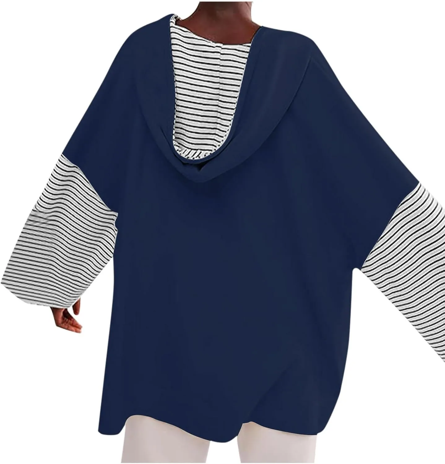 Womens Oversized Sweatshirt Striped Color Block Hoodies Drawstring Casual V Neck Long Sleeve Pullover Tops