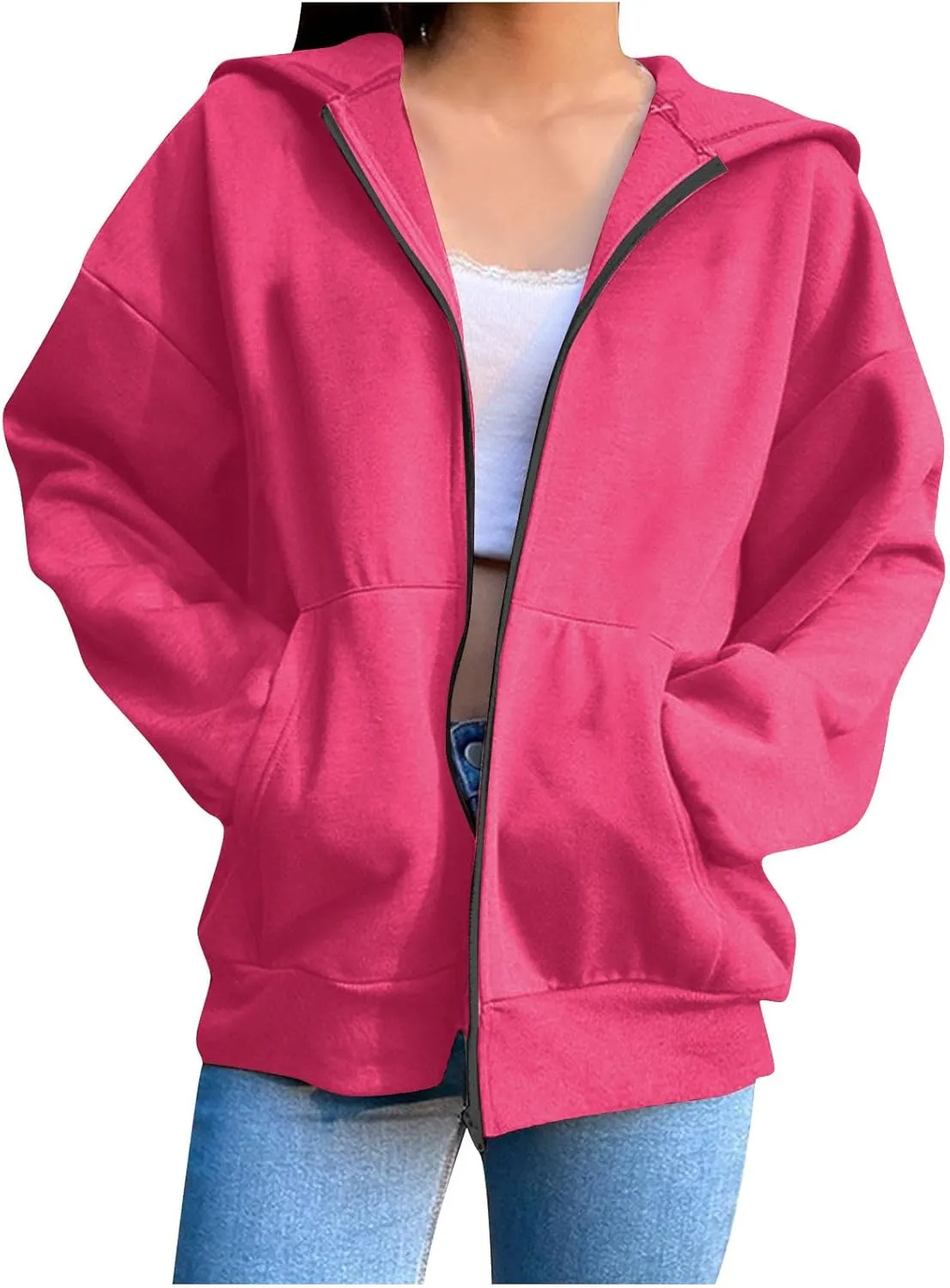 Women's Oversized Zipper V-Neck Hoodies,2024 Casual Fashion Long Sleeve Fleece Sweatshirts,Cute Winter Clothes