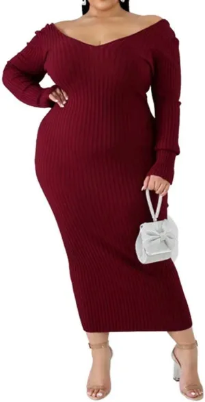 Women's Plus Size Sexy Stretchable Long Sleeve Maxi Sweater Off Shoulder Knit Slim Fit Dress