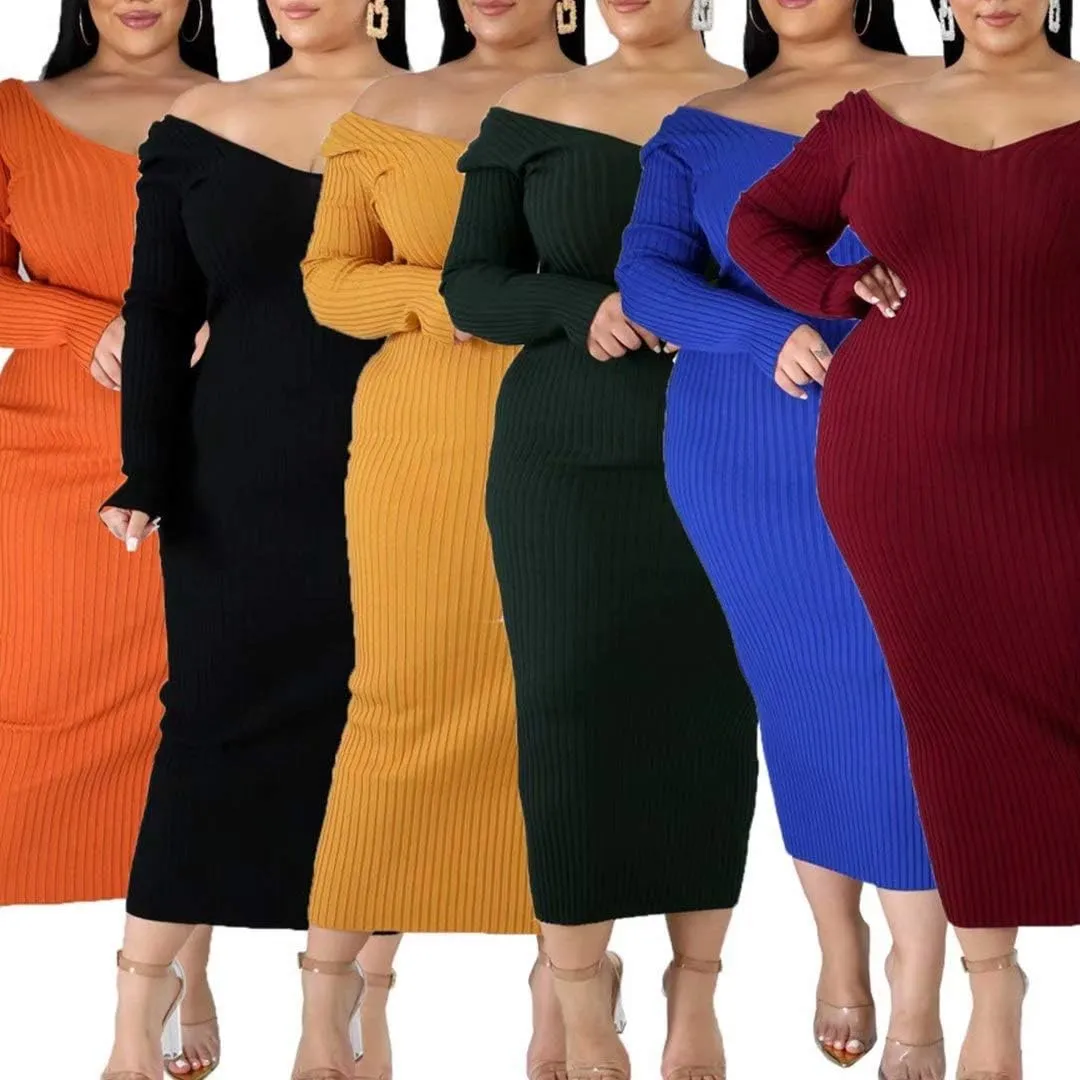 Women's Plus Size Sexy Stretchable Long Sleeve Maxi Sweater Off Shoulder Knit Slim Fit Dress