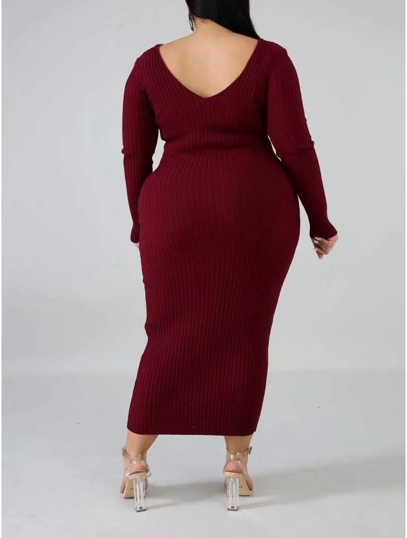 Women's Plus Size Sexy Stretchable Long Sleeve Maxi Sweater Off Shoulder Knit Slim Fit Dress