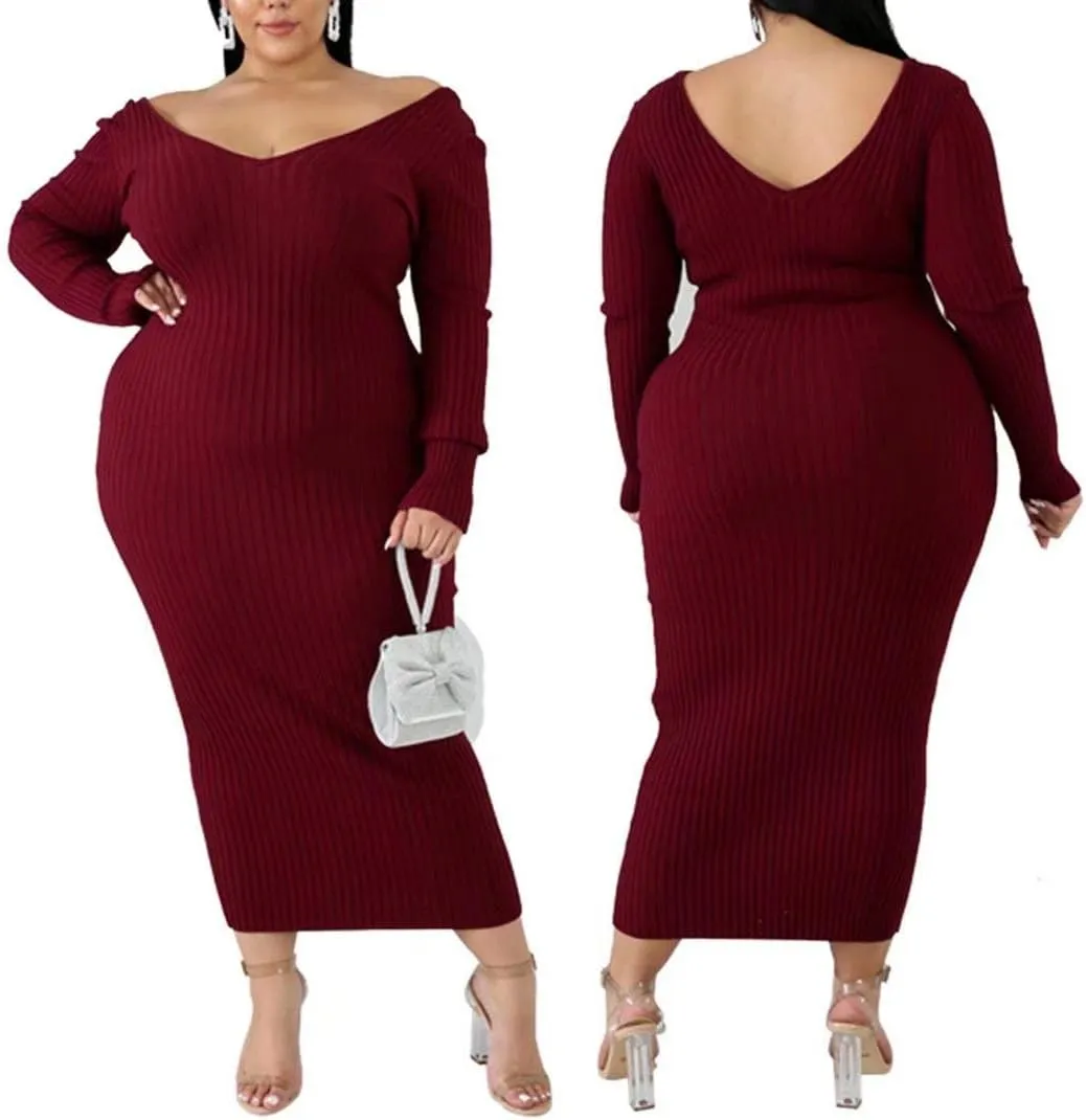 Women's Plus Size Sexy Stretchable Long Sleeve Maxi Sweater Off Shoulder Knit Slim Fit Dress