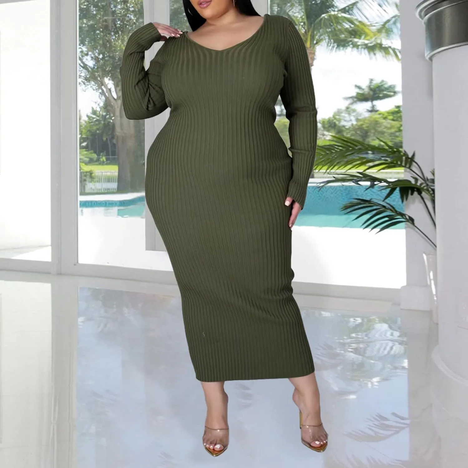 Women's Plus Size Sexy Stretchable Long Sleeve Maxi Sweater Off Shoulder Knit Slim Fit Dress