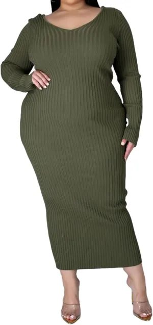 Women's Plus Size Sexy Stretchable Long Sleeve Maxi Sweater Off Shoulder Knit Slim Fit Dress