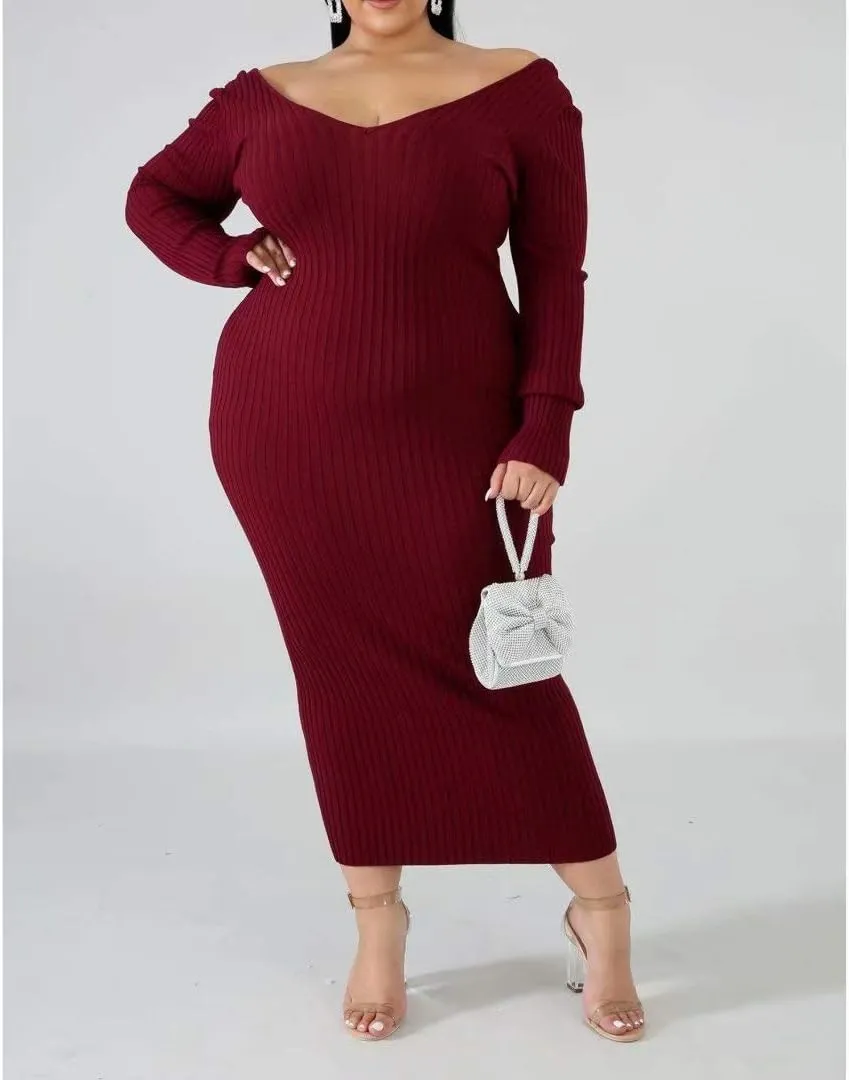 Women's Plus Size Sexy Stretchable Long Sleeve Maxi Sweater Off Shoulder Knit Slim Fit Dress