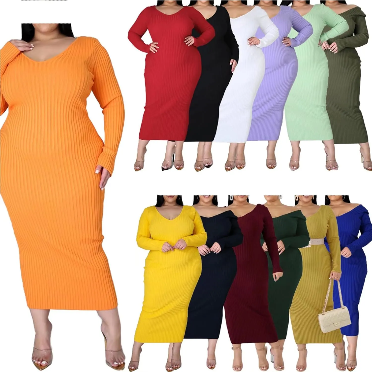 Women's Plus Size Sexy Stretchable Long Sleeve Maxi Sweater Off Shoulder Knit Slim Fit Dress