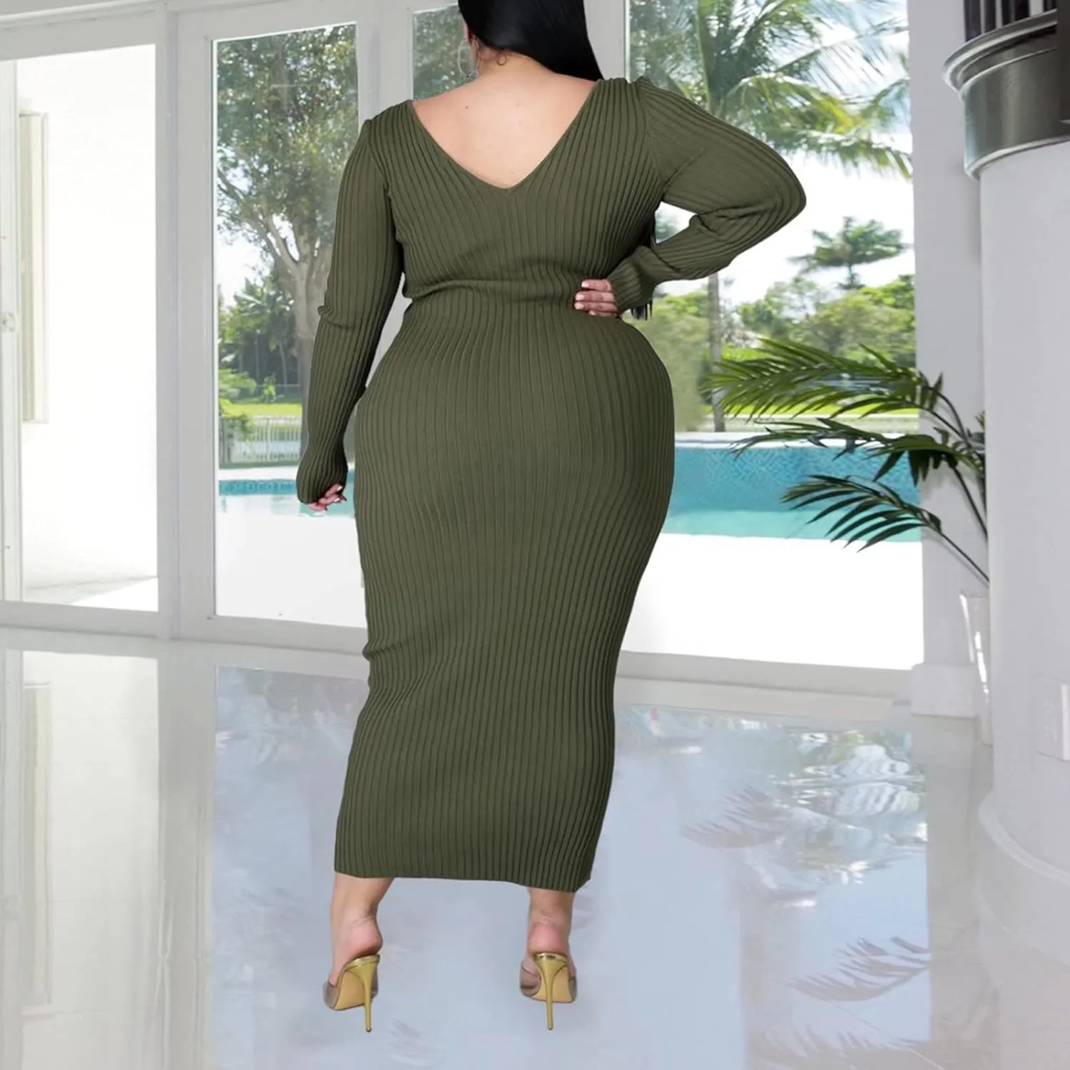 Women's Plus Size Sexy Stretchable Long Sleeve Maxi Sweater Off Shoulder Knit Slim Fit Dress