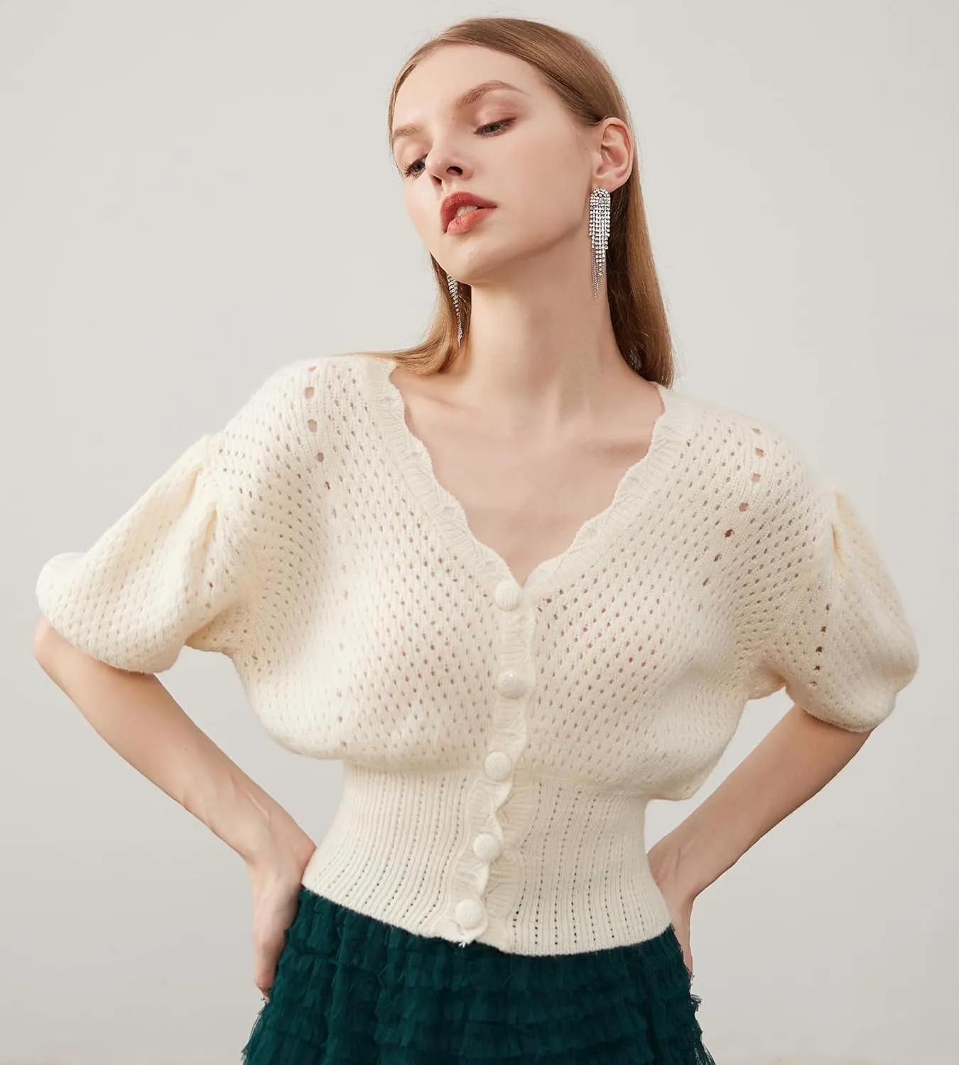 Women's Puff Short Sleeve Sweater V-Neck Button Knit Tops Crochet Soft Knitwear