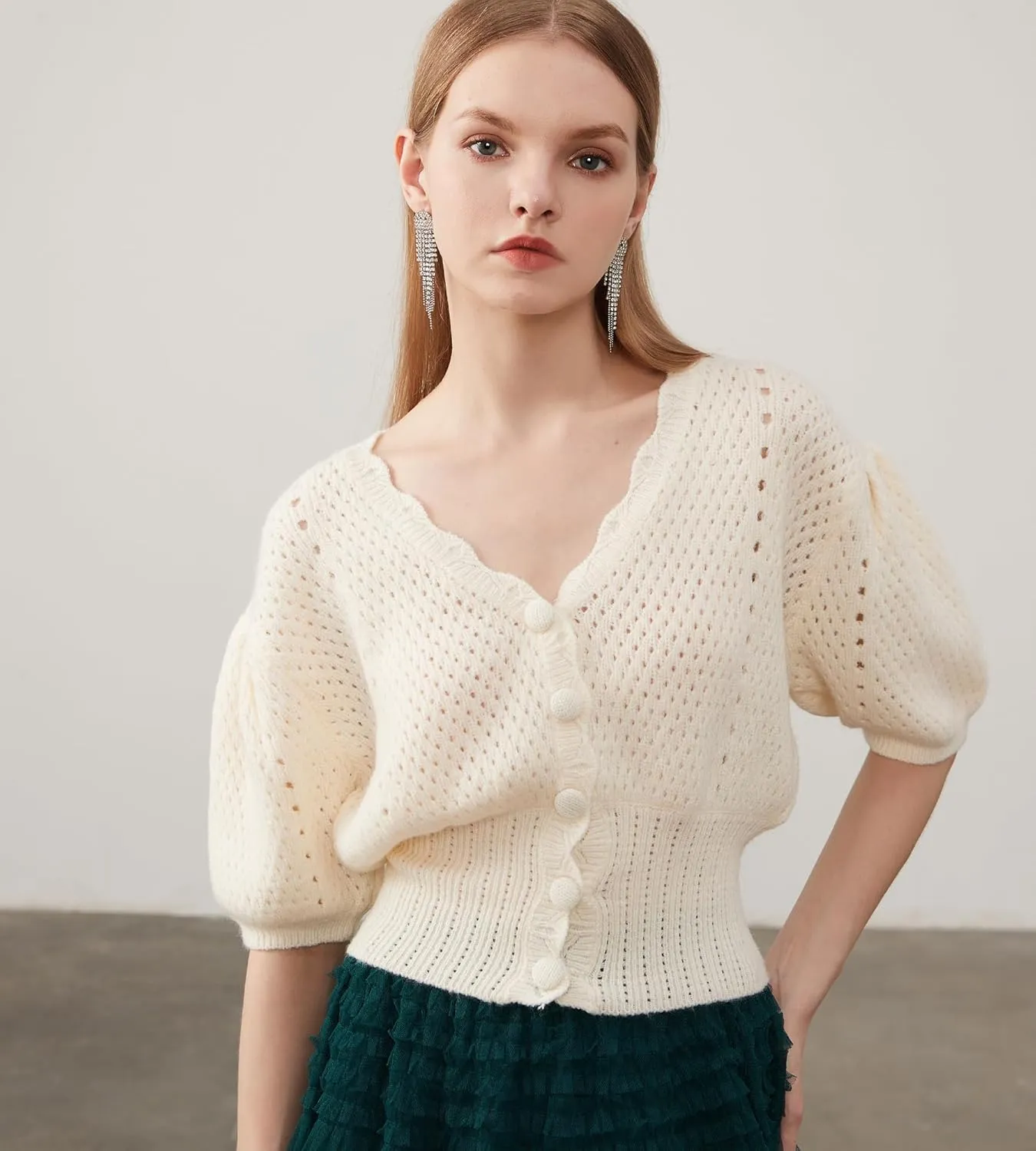 Women's Puff Short Sleeve Sweater V-Neck Button Knit Tops Crochet Soft Knitwear