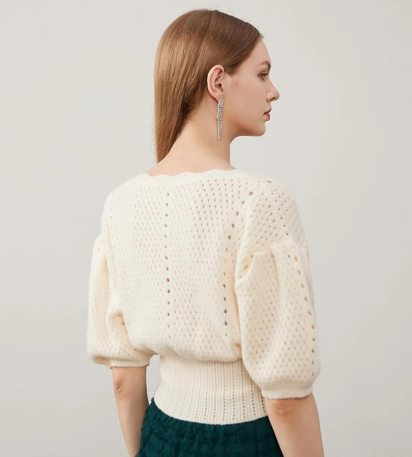 Women's Puff Short Sleeve Sweater V-Neck Button Knit Tops Crochet Soft Knitwear